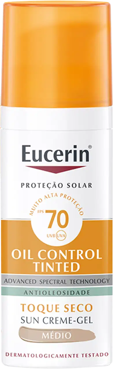 Frasco de protetor solar Eucerin Oil Control Tinted com FPS 70, embalagem laranja e branca, com rótulo indicando tecnologia espectral avançada e propriedades antioleosilidade.
