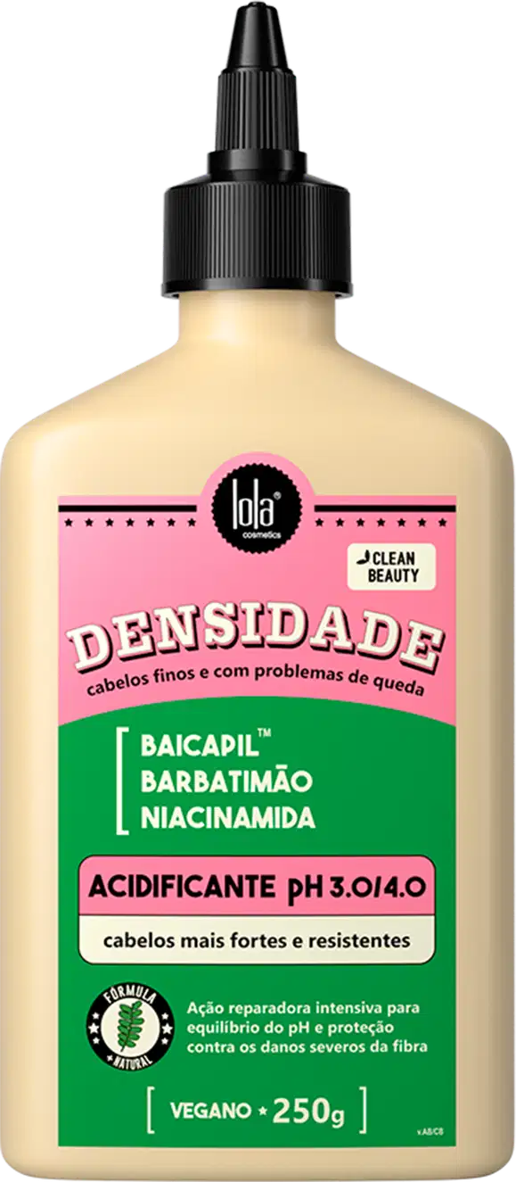 Frasco de tratamento capilar Densidade da marca Lola From Rio, com fórmula à base de baicapil, barbatimão e niacinamida, com pH acidificante de 3.0/4.0, para cabelos mais fortes e resistentes.