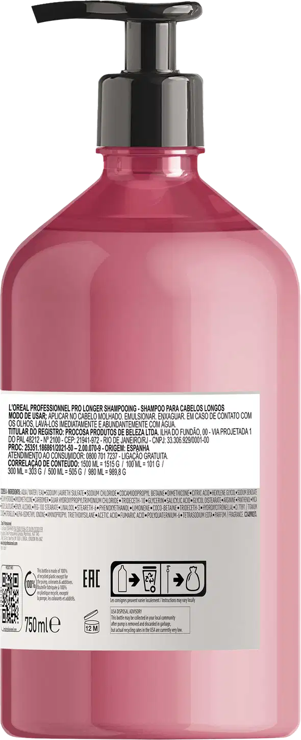 Frasco de item de perfumaria rosa com bomba de acionamento. Rótulo com informações do produto em várias línguas. Embalagem de plástico com design simples e elegante.