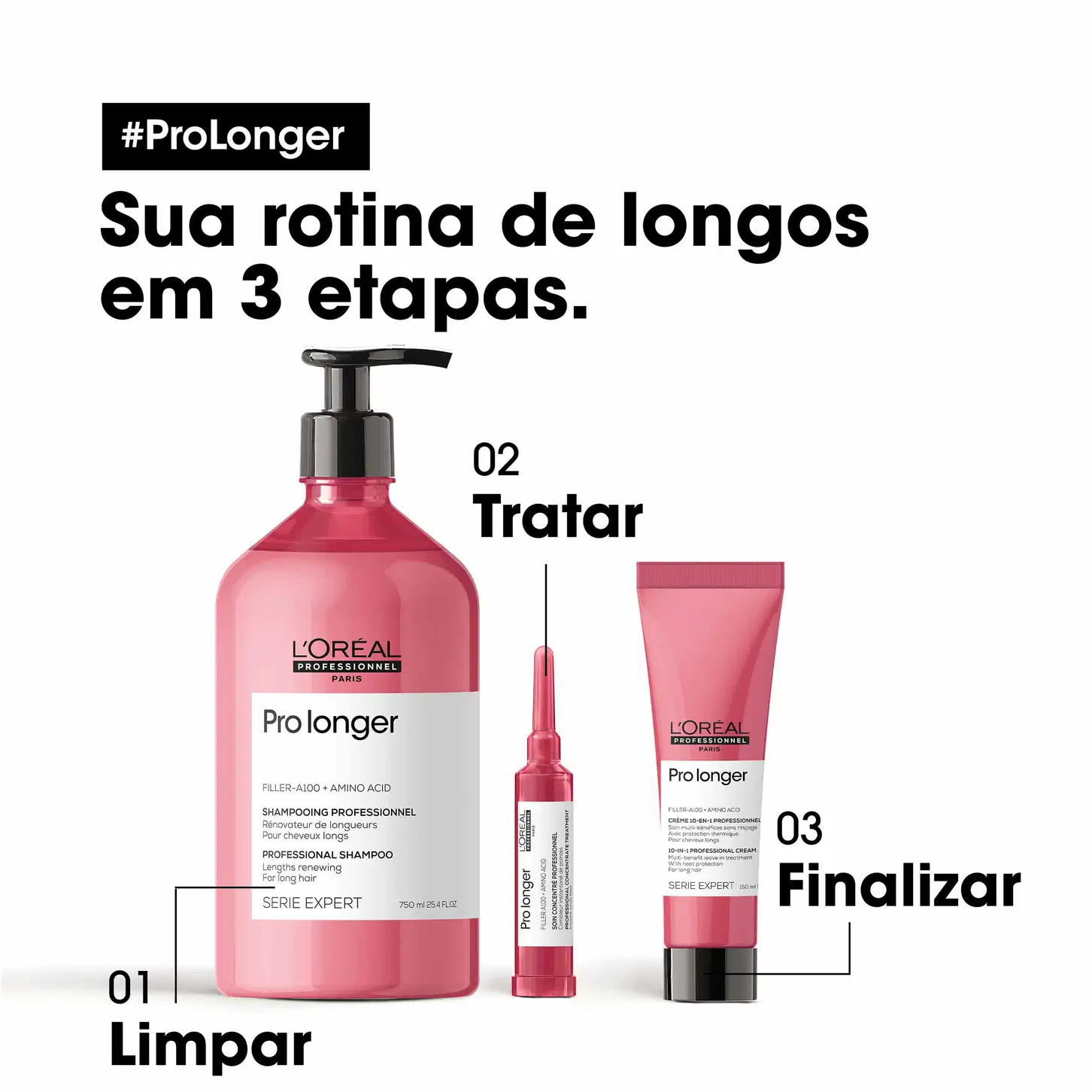 Produto de perfumaria da marca L'Oreal Professionnel. Três etapas para rotina de longos: 1) Limpar, 2) Tratar, 3) Finalizar. Embalagens com texto em português.