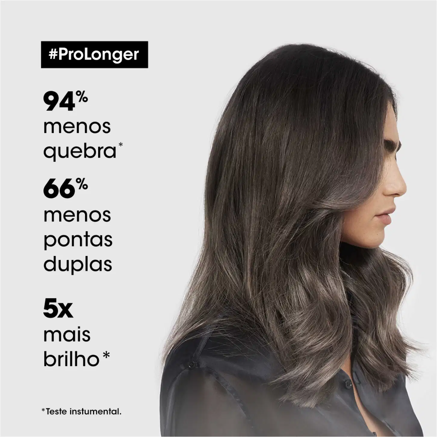 A imagem mostra uma mulher com cabelos escuros e ondulados. O texto apresenta informações sobre os benefícios do produto, incluindo 94% menos quebra, 66% menos pontas duplas e 5x mais brilho.