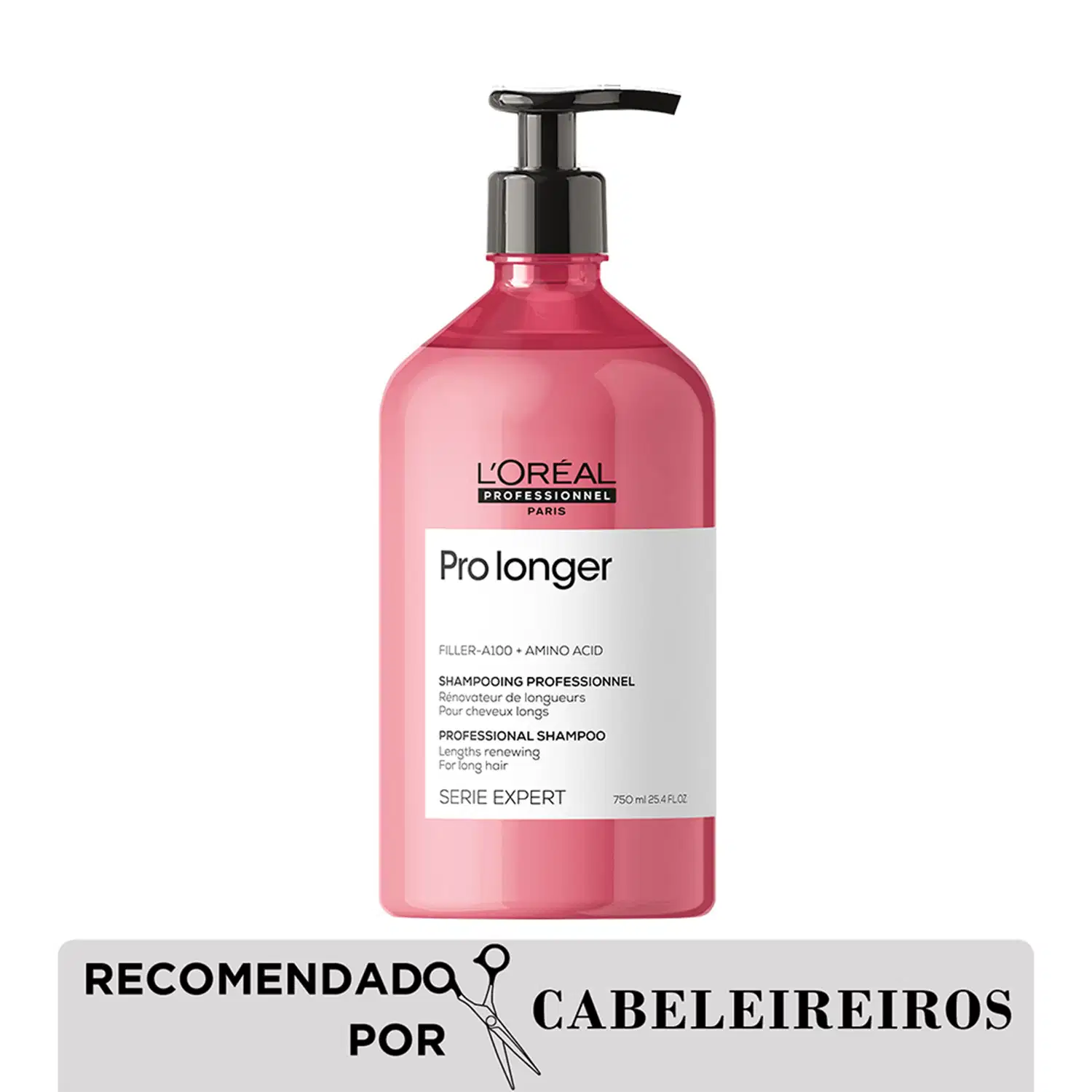 Frasco de shampoo da marca L'Oréal Professionnel, da linha Pro Longer, com 750 ml de capacidade. O rótulo apresenta o nome do produto, ingredientes e informações sobre o uso profissional.