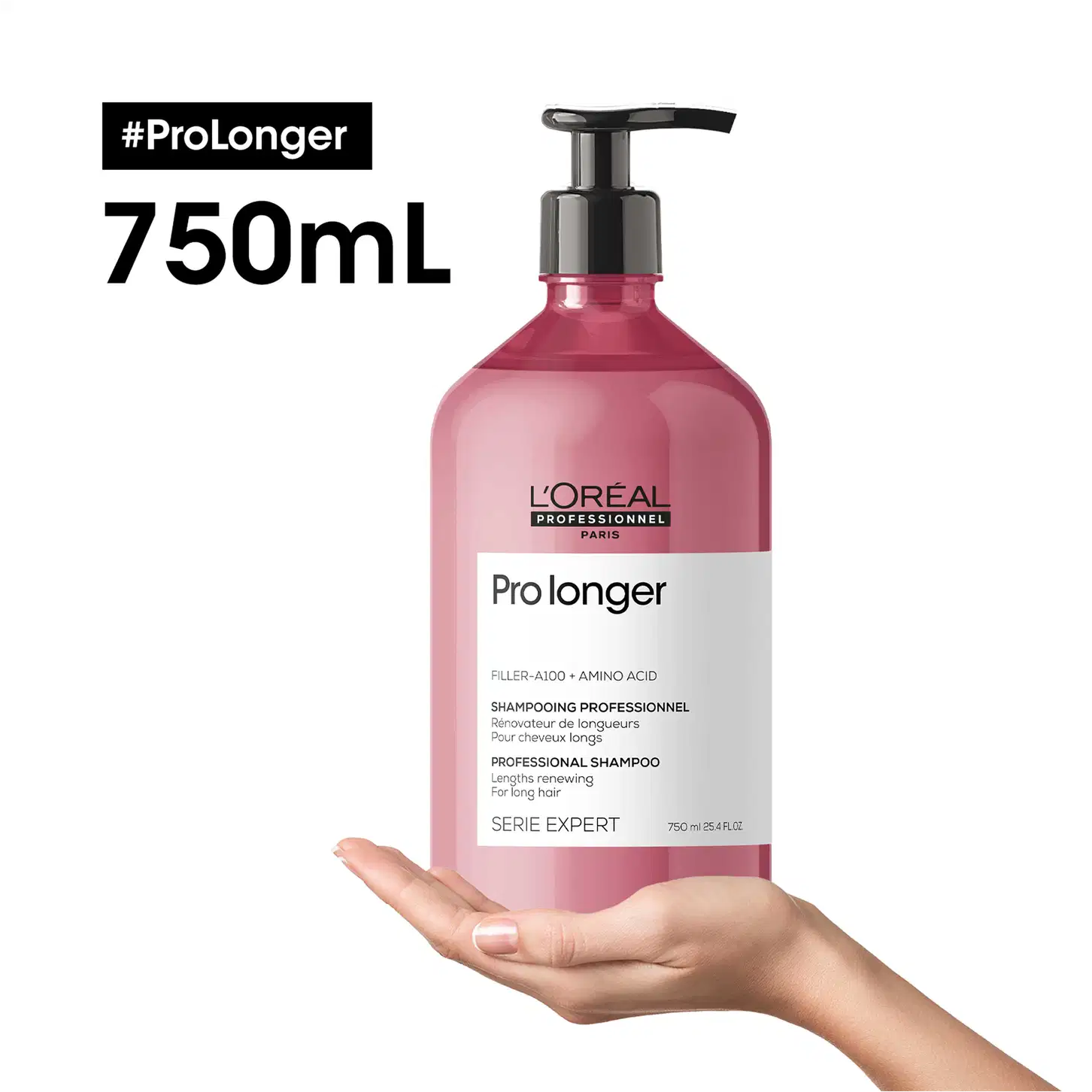 Frasco de plástico rosa com bomba preta, contendo 750 ml de shampoo profissional da marca L'Oréal Professionnel, da linha Pro Longer, para cabelos longos. O rótulo apresenta o nome do produto e informações sobre seus ingredientes e benefícios.