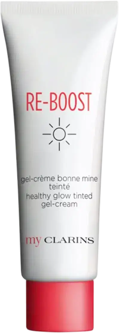 É um gel-creme da marca Clarins chamado "Re-Boost". O produto vem em um tubo branco com a tampa vermelha. No rótulo, está escrito "Re-Boost" em letras vermelhas. Abaixo, há a descrição "healthy glow tinted gel-cream".