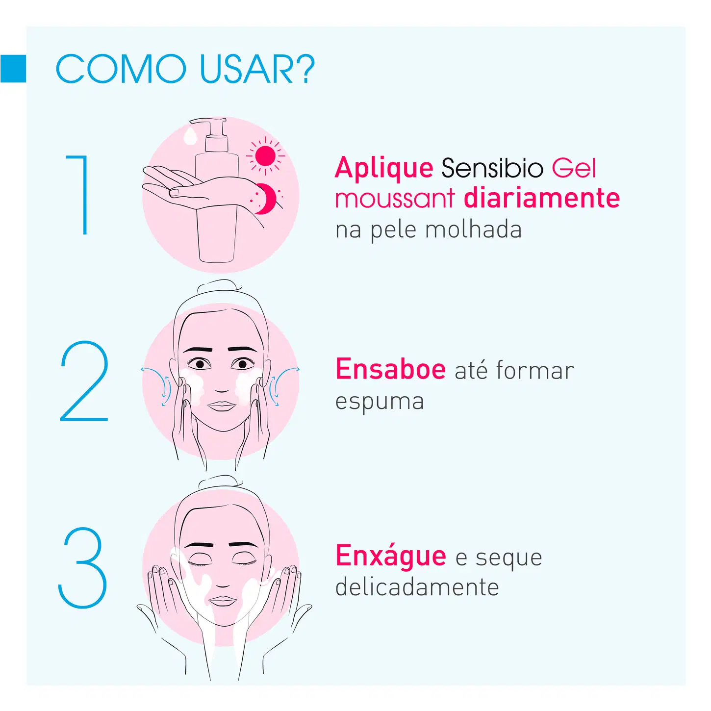 Como usar: Aplique Sensibio Gel moussant diariamente na pele molhada. Ensaboe até formar espuma. Enxágue e segue delicadamente.