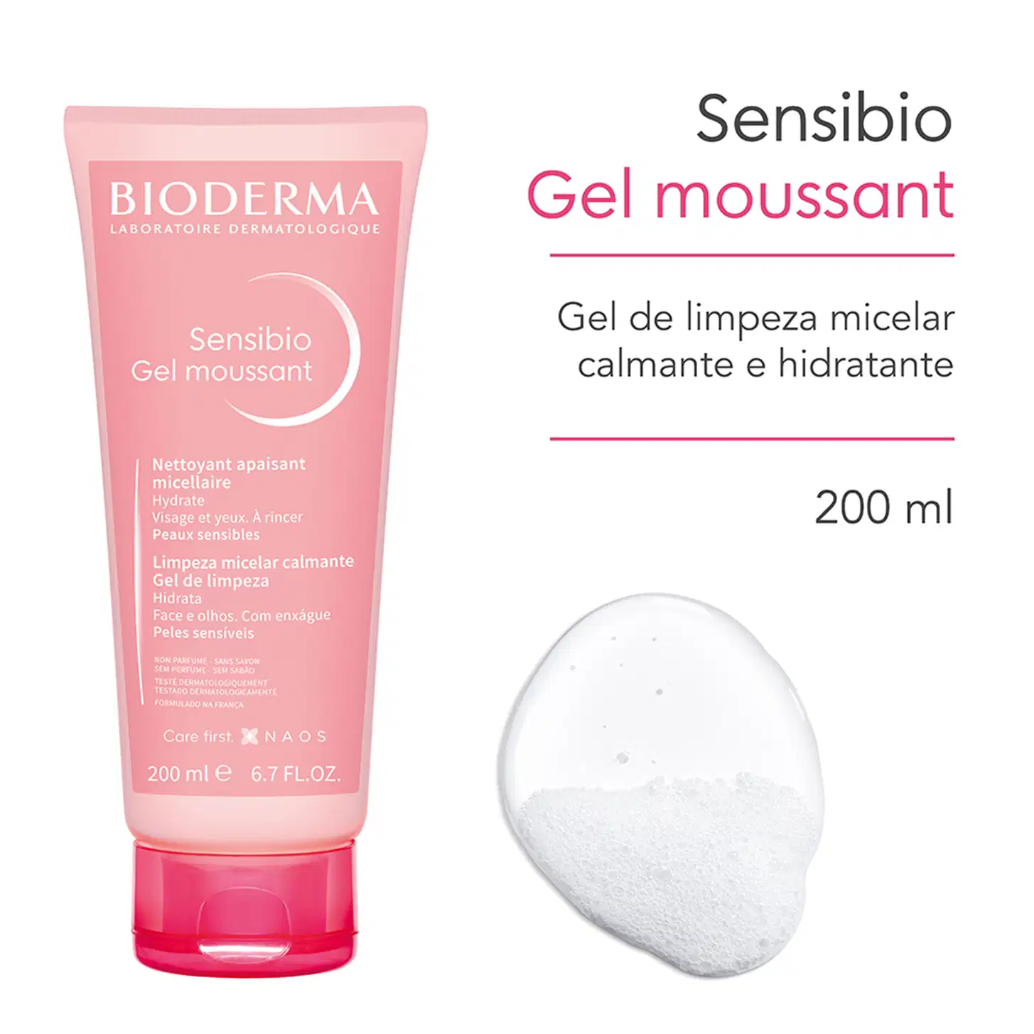 Texto na imagem: Sensibio Gel moussant - Gel de limpeza micelar calmante e hidratante. 200 ml.