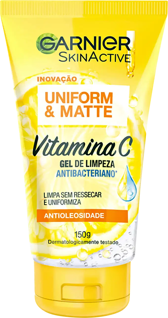 Gel de limpeza antibacteriano Garnier Skinactive Vitamina C, com embalagem amarela e branca, apresentando informações sobre uniformidade e matificação da pele.
