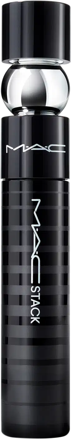 Frasco cilíndrico preto com detalhes cromados. Design minimalista e elegante.
