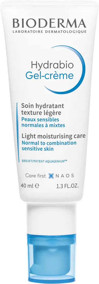 Frasco branco de gel-creme hidratante da marca Bioderma, com rótulo azul e branco indicando o nome "Hydrabio Gel-creme" e informações sobre o produto, como "Soin hydratant texture légère" e "Peau sensibles normales à mixtes".
