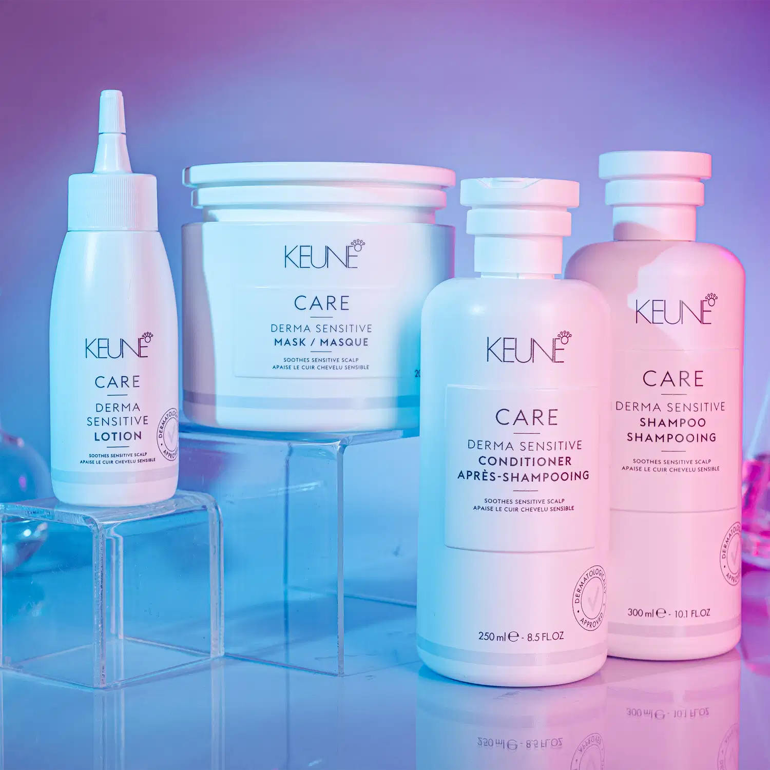 Linha Keune Care Derma Sensitive, com 4 produtos.