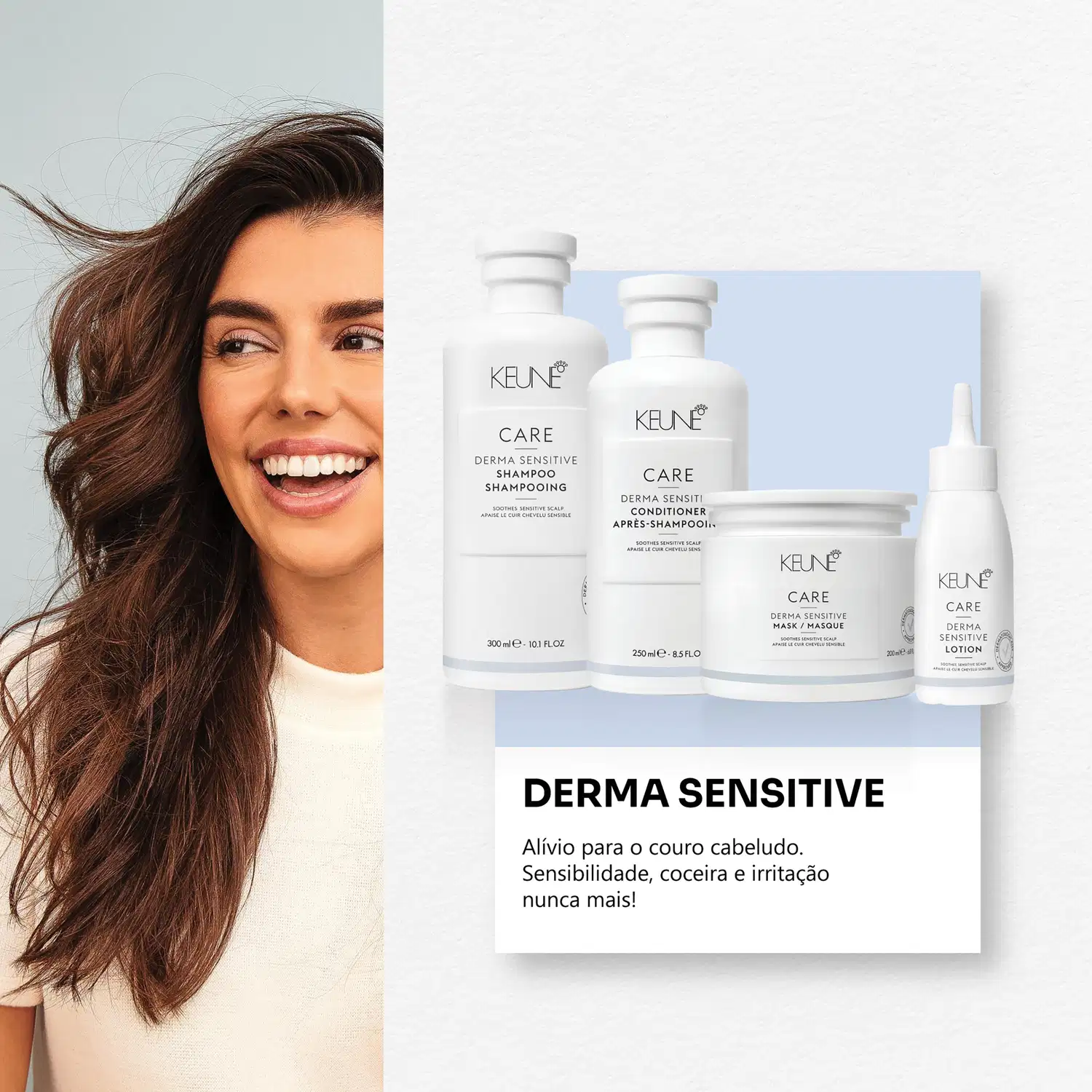 A linha de produtos Keune Care Derma Sensitive, incluindo shampoo, condicionador, máscara e loção, em embalagens brancas com detalhes azuis, promovendo cuidados para couro cabeludo sensível.