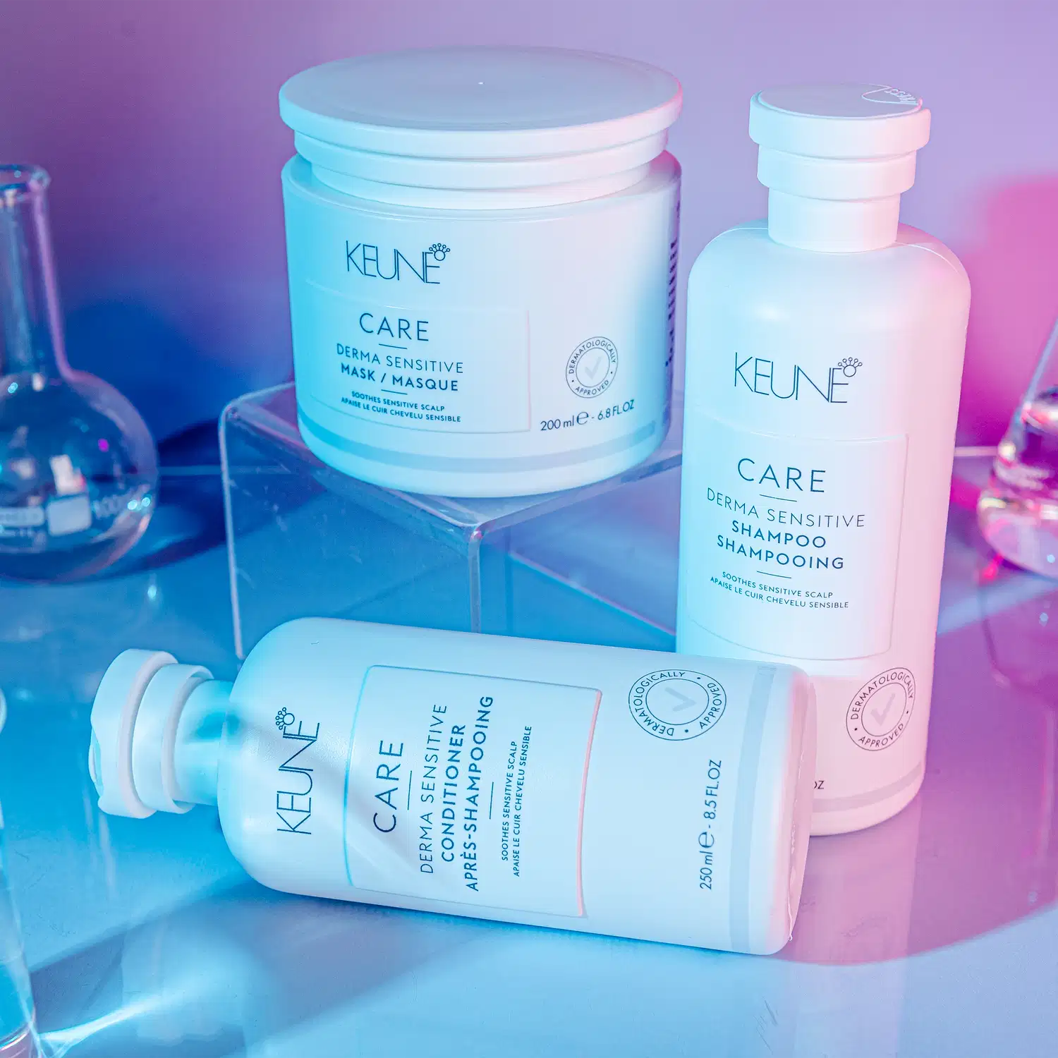 Linha Keune Care Derma Sensitive, com 3 produtos.