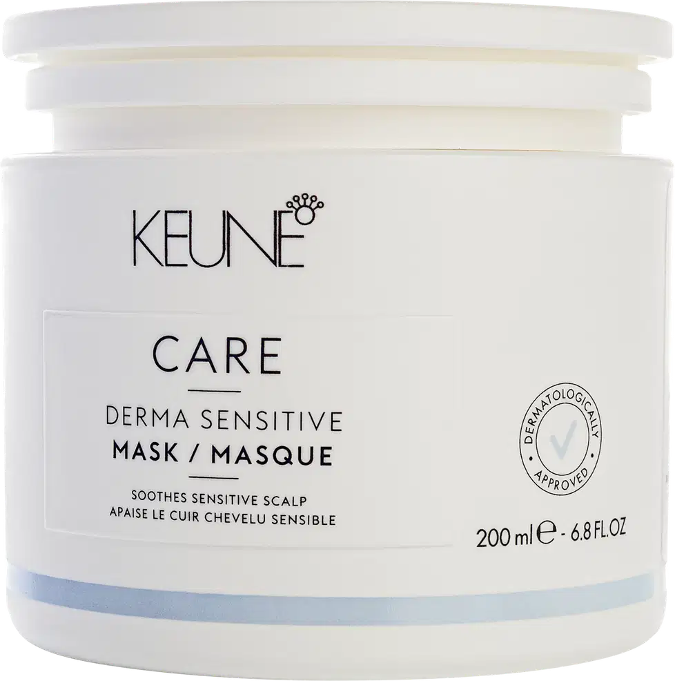 Frasco branco da linha Keune Care, contendo máscara para couro cabeludo sensível, com rótulo em preto e branco indicando o nome do produto e sua função de acalmar o couro cabeludo sensível.