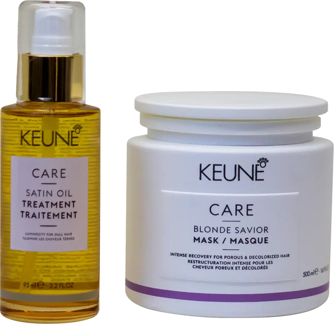 Dois produtos de cuidados capilares da marca Keune: um frasco de óleo de tratamento Satin Oil Treatment e um pote de máscara Blonde Savior, ambos com embalagens brancas e douradas.