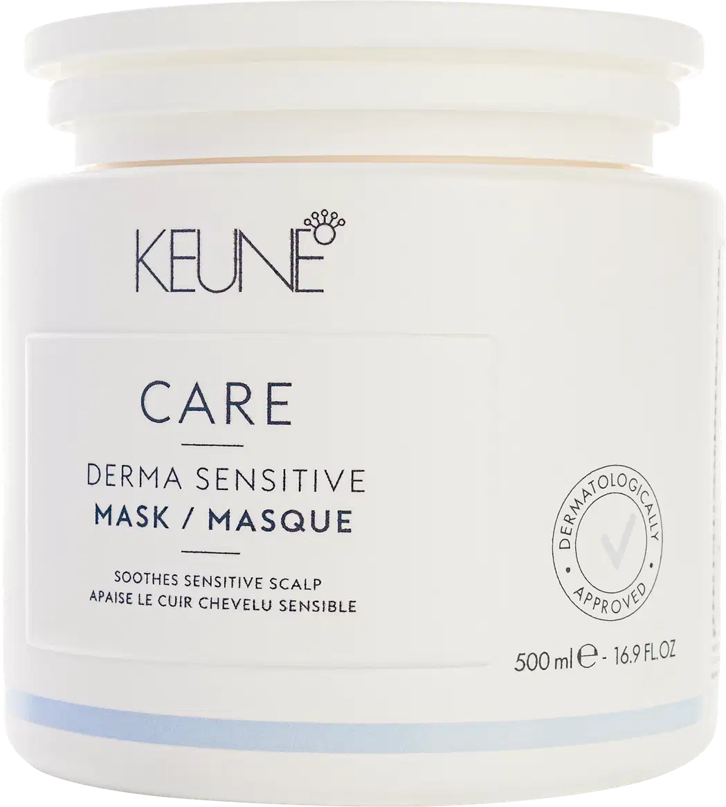 Frasco branco da linha Care da Keune, contendo máscara dermatologicamente aprovada para couro cabeludo sensível, com 500 ml de capacidade.