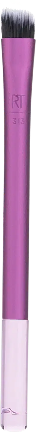 Pincel de maquiagem rosa com cabo longo e ponta arredondada, com a marca "RT" impressa no corpo do pincel. 