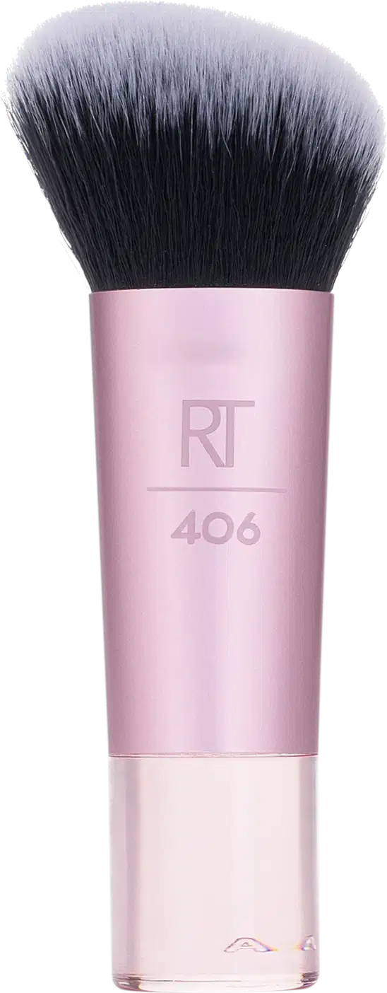Pincel de maquiagem rosa com cabo e ponta curva, com a marca "RT" e o número "406" impressos na embalagem.
