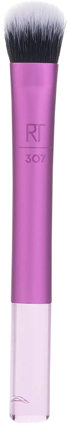 Pincel de maquiagem rosa com cabo cilíndrico e cerdas macias em formato arredondado, com a marca "RT" e o número "307" impressos na embalagem.