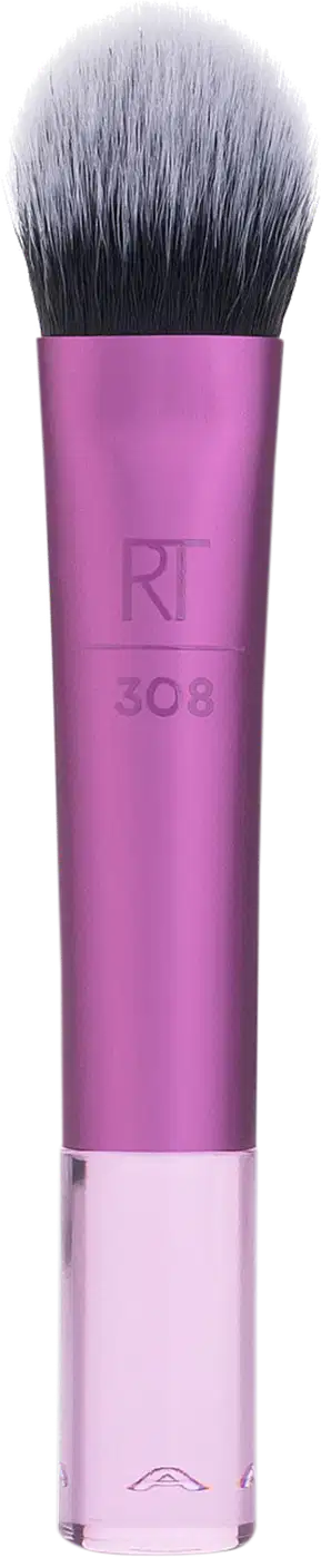 Pincel de maquiagem de cabo rosa com logotipo "RT 308" em preto, com cerdas macias e arredondadas em tom cinza.