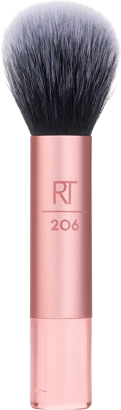 Pincel de maquiagem com cabo rosa e cerdas pretas, com a marca "RT" e o número "206" impressos na haste. O pincel possui uma forma arredondada, típica de pincéis para aplicação de pó ou blush.