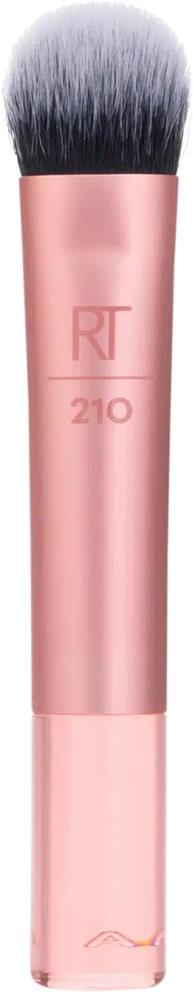 Pincel de maquiagem rosa com cabo cilíndrico e cabeça redonda de cerdas pretas. Possui a inscrição "RT 210" em relevo na superfície do cabo.