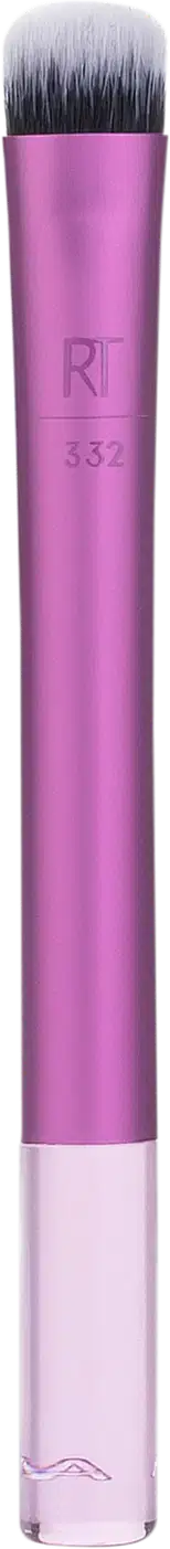 Pincel de maquiagem rosa com cabo cilíndrico e ponta arredondada, com a marca "RT" e o número "332" impressos no corpo.