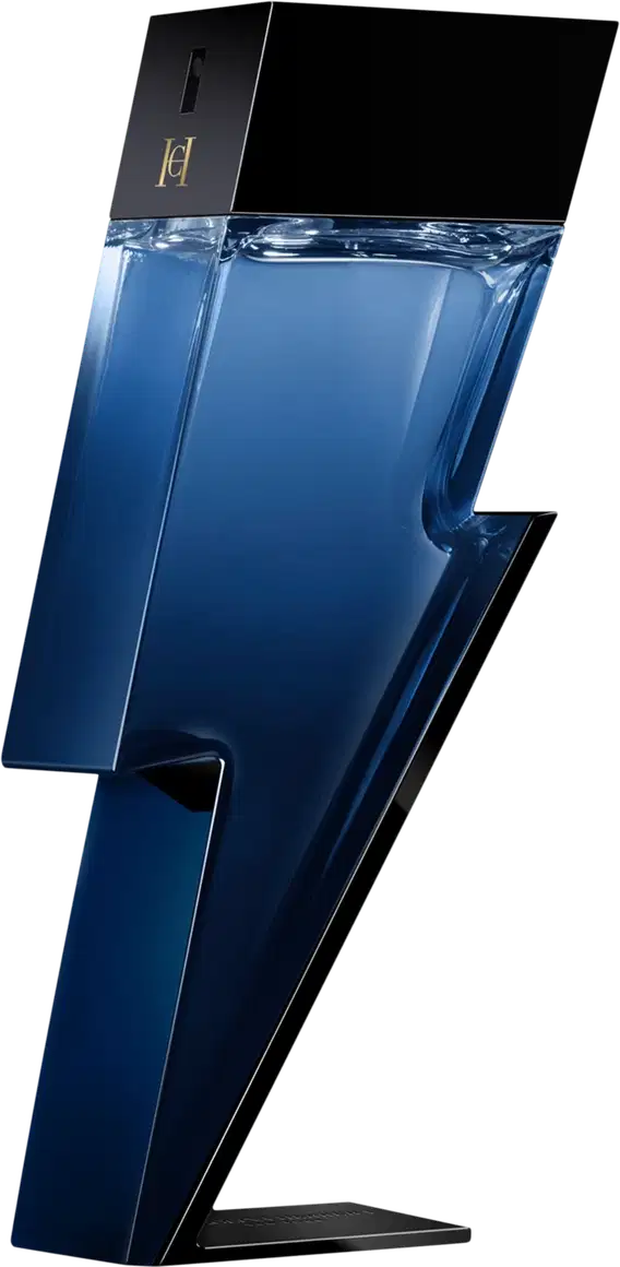 Frasco de perfume Carolina Herrera de design moderno e elegante, com corpo retangular de vidro azul escuro e tampa preta. O rótulo exibe a marca em letras douradas.