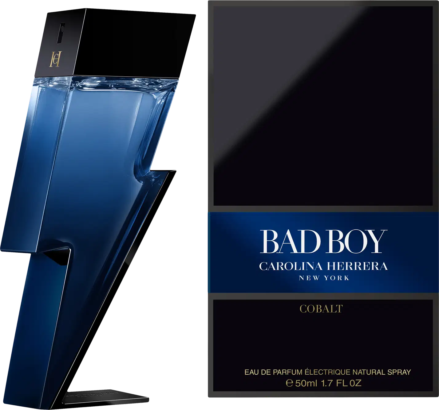 Frasco de perfume Carolina Herrera Bad Boy Cobalt, com design moderno e elegante em tons de azul e preto. Rótulo com o nome da fragrância e informações do produto.