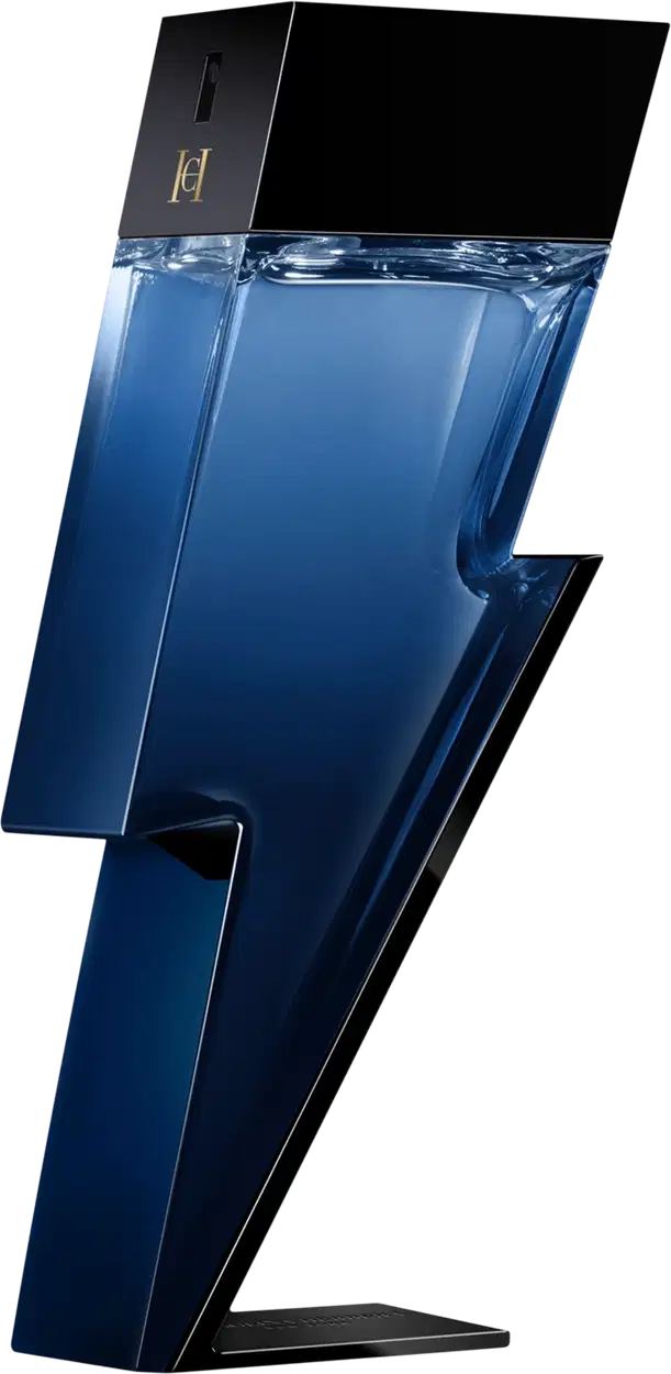 Frasco de perfume Carolina Herrera de design moderno e elegante, com corpo retangular de vidro azul escuro e tampa preta. O rótulo exibe a marca em letras douradas.