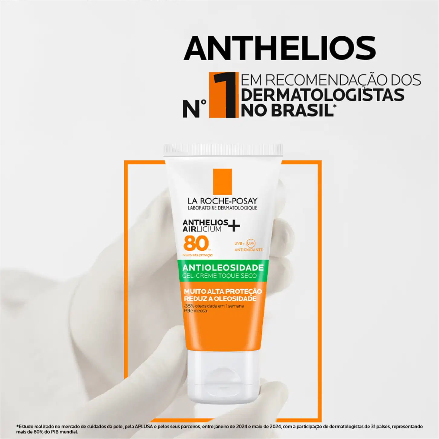 Embalagem do Protetor Solar Anthelios Airlicium FPS 80, da marca La Roche-Posay. Número 1 em recomendação dos dermatologistas no Brasil