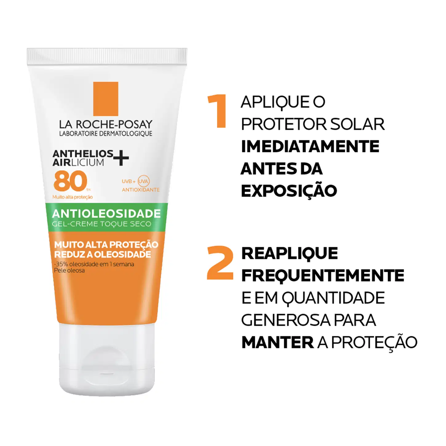Embalagem do Protetor Solar Anthelios Airlicium FPS 80, da marca La Roche-Posay. Imagem com modo de uso.