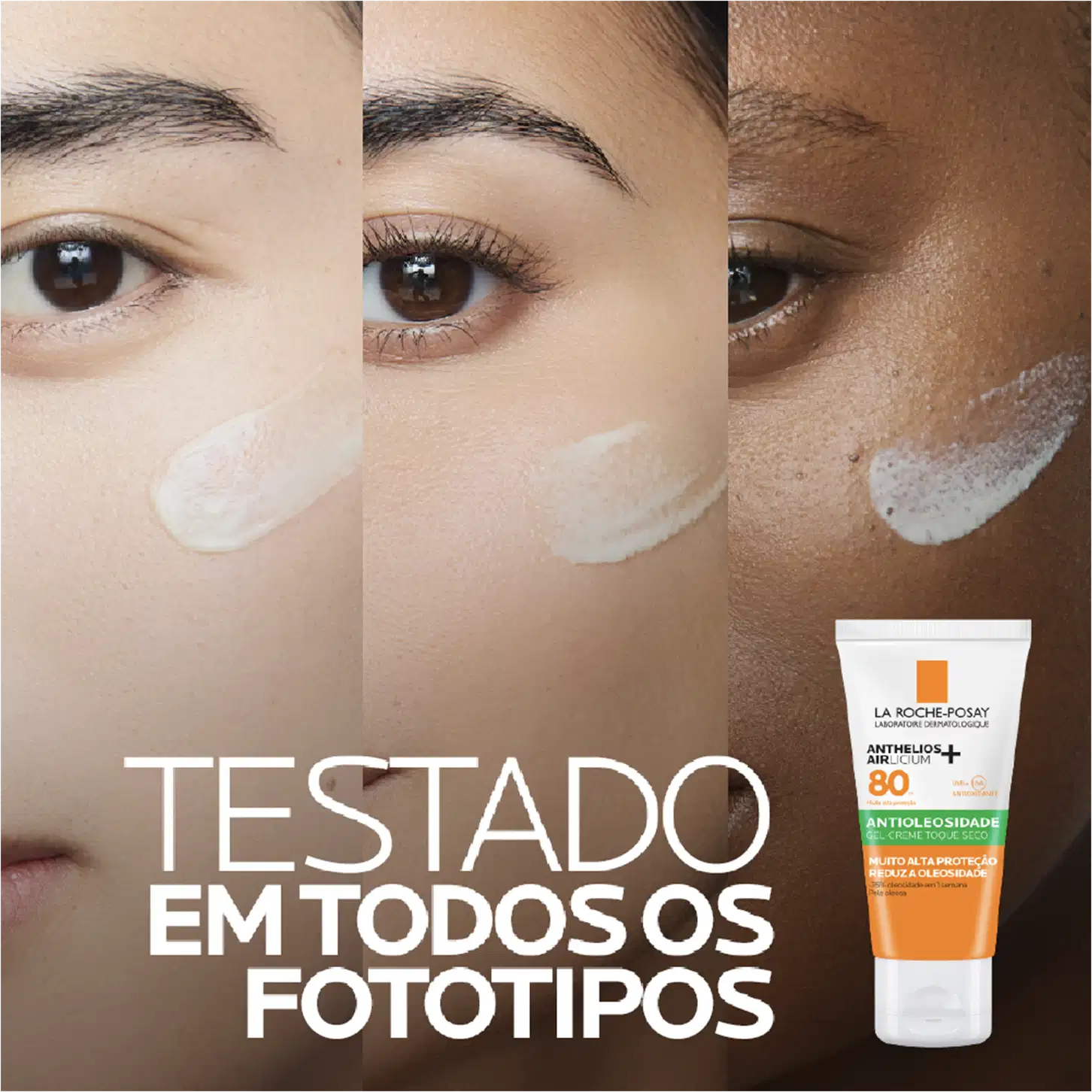 Embalagem do Protetor Solar Anthelios Airlicium FPS 80, da marca La Roche-Posay. Testado em todos os fototipos de pele.