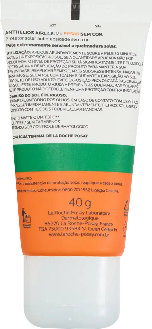 Verso da embalagem do Protetor Solar Anthelios Airlicium FPS 80, da marca La Roche-Posay.