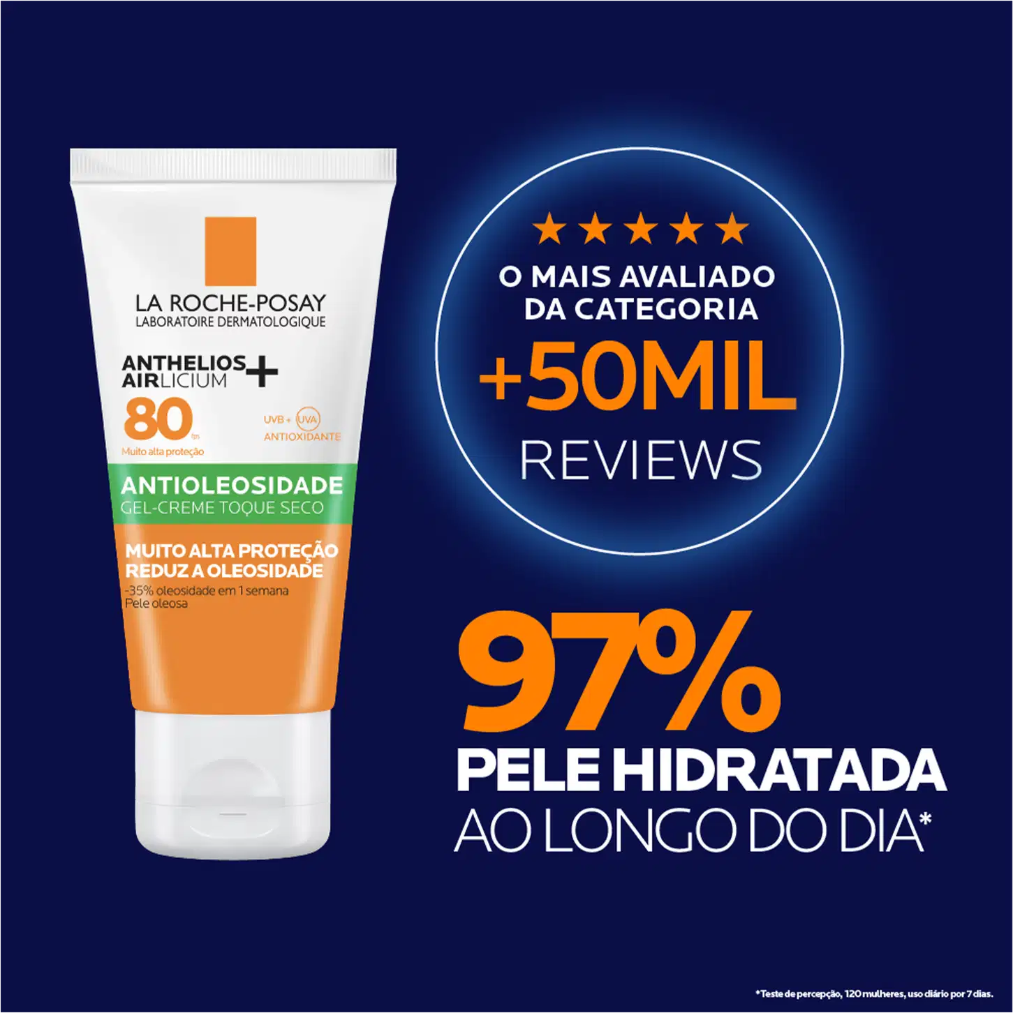 Embalagem do Protetor Solar Anthelios Airlicium FPS 80, da marca La Roche-Posay. 97% das reviews relata uma pele hidratada ao longo do dia.