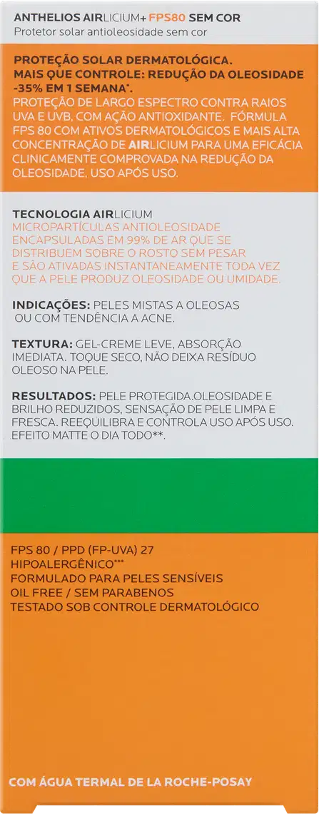 Verso da caixa do Protetor Solar Anthelios Airlicium FPS 80, da marca La Roche-Posay.