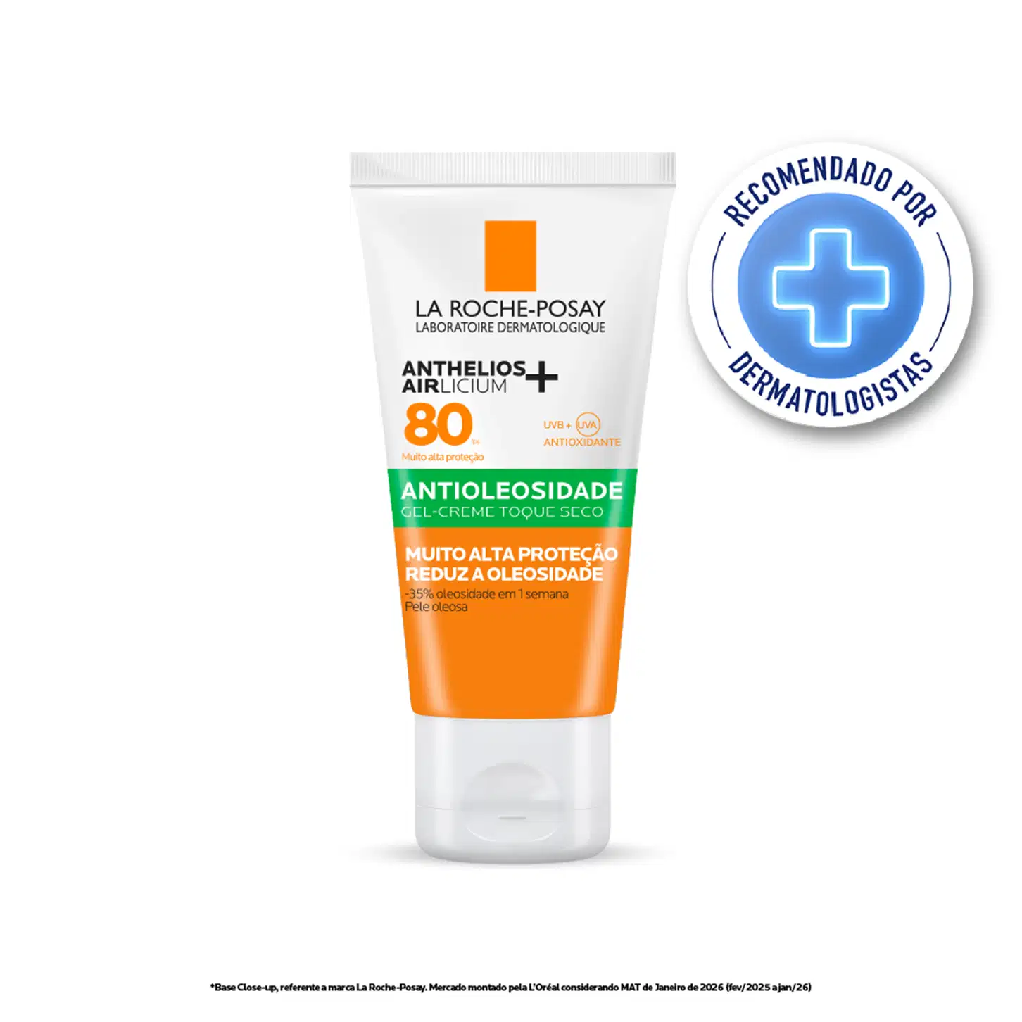 Embalagem do Protetor Solar Anthelios Airlicium FPS 80, da marca La Roche-Posay. Selo de recomendação por dermatologistas.