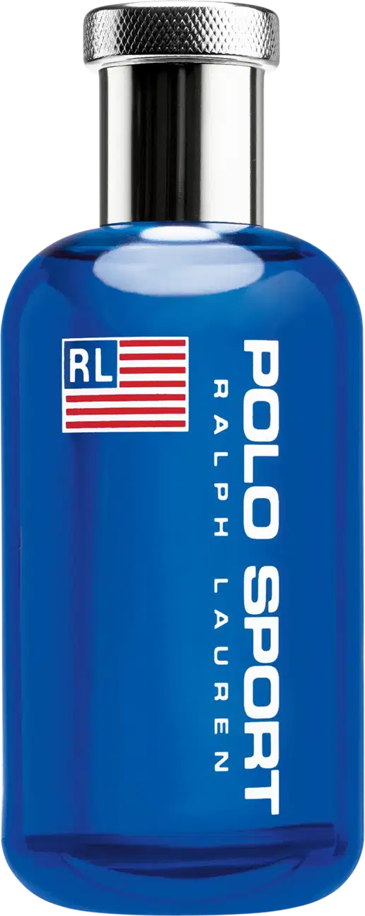 Frasco de perfume da marca Ralph Lauren, na cor azul, com rótulo em vermelho, branco e azul exibindo a bandeira americana e o nome "Polo Sport". O frasco possui um design cilíndrico com tampa metálica estriada.