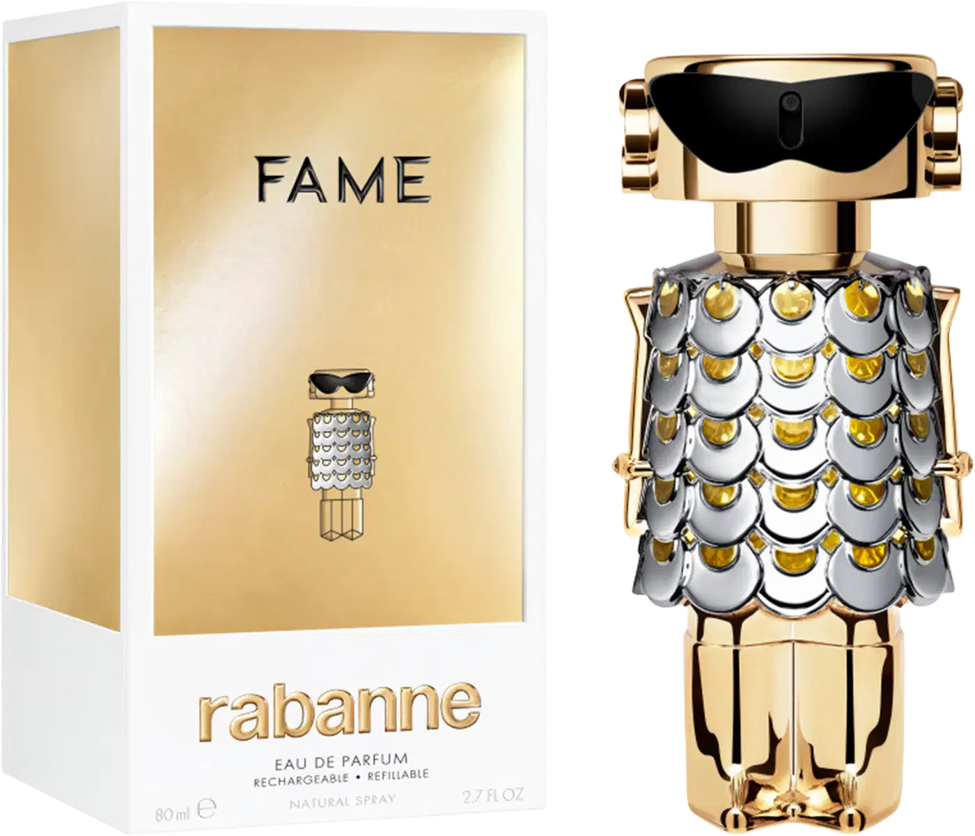 Frasco de perfume dourado e prateado com design escamado, evocando uma aparência luxuosa e sofisticada, típica da marca Paco Rabanne.