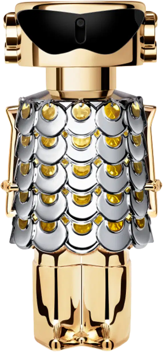 Frasco de perfume dourado e prateado com design escamado, evocando uma aparência luxuosa e sofisticada, típica da marca Paco Rabanne.