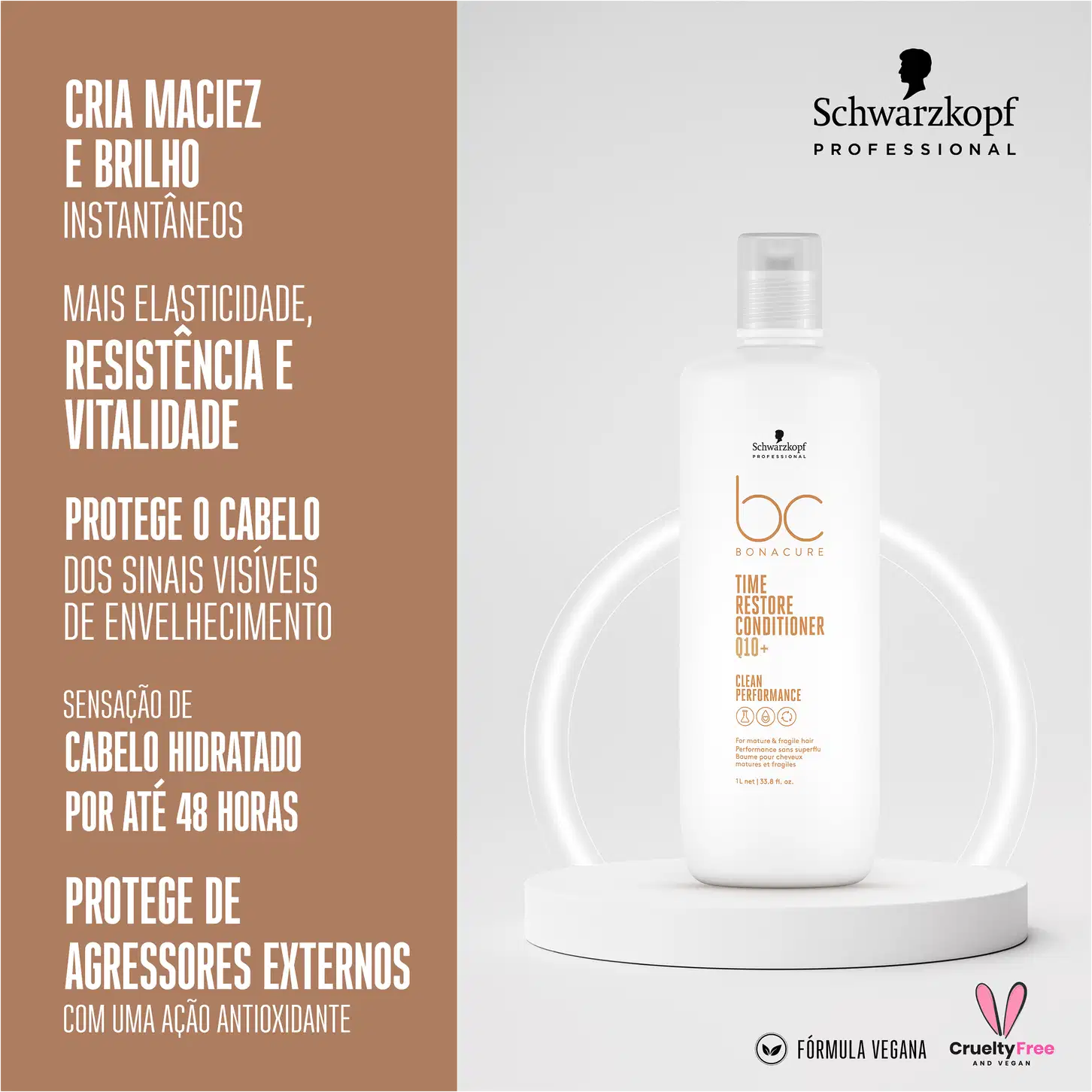 A imagem traz de um lado a embalagem do shampoo e do outro mais benefícios do produto.