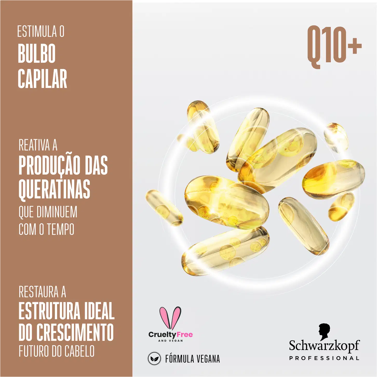 A imagem traz cápsulas gelatinosas amarelas translúcidas contendo um suplemento líquido e texto descrevendo que o produto estimula o bulbo capilar, reativa a produção de queratinas e restaura a estrutura ideal para o crescimento futuro do cabelo.