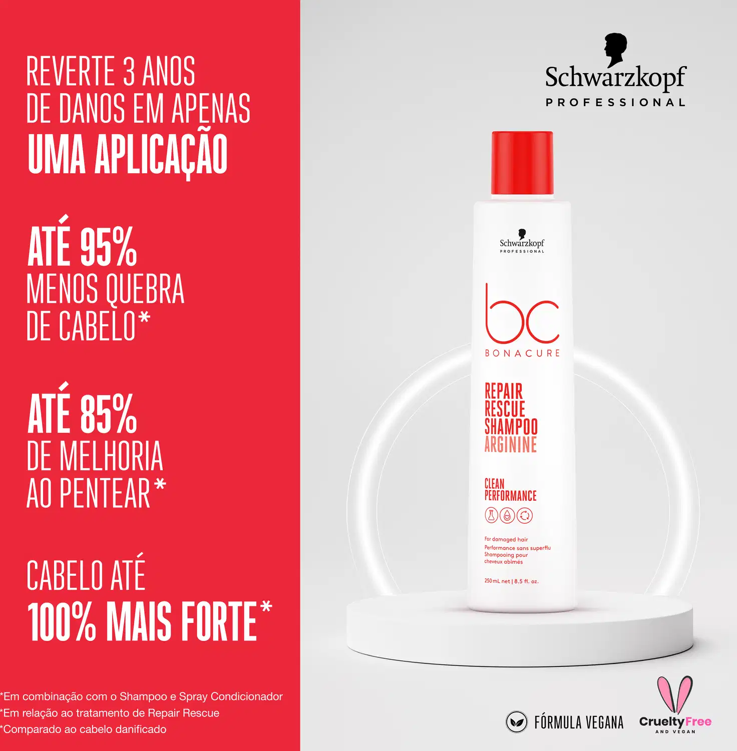 Imagem acompanhada de texto promocional em português destacando os benefícios do produto para reparar danos, reduzir quebra e melhorar o pentear, fortalecendo 100% os fios.