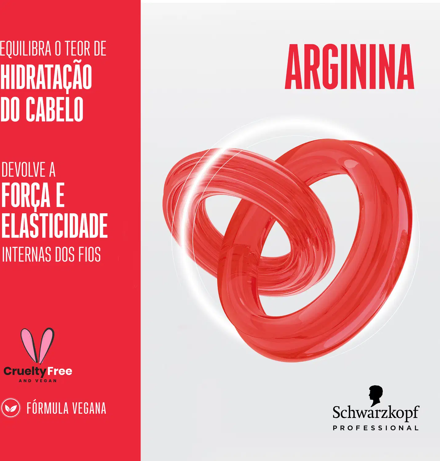 Texto destaca os benefícios de equilíbrio da hidratação e força/elasticidade dos fios concedidos pela Arginina. Rótulo indica fórmula vegana e selo "Cruelty Free and Vegan". Logotipo e nome da marca Schwarzkopf Professional estão presentes.
