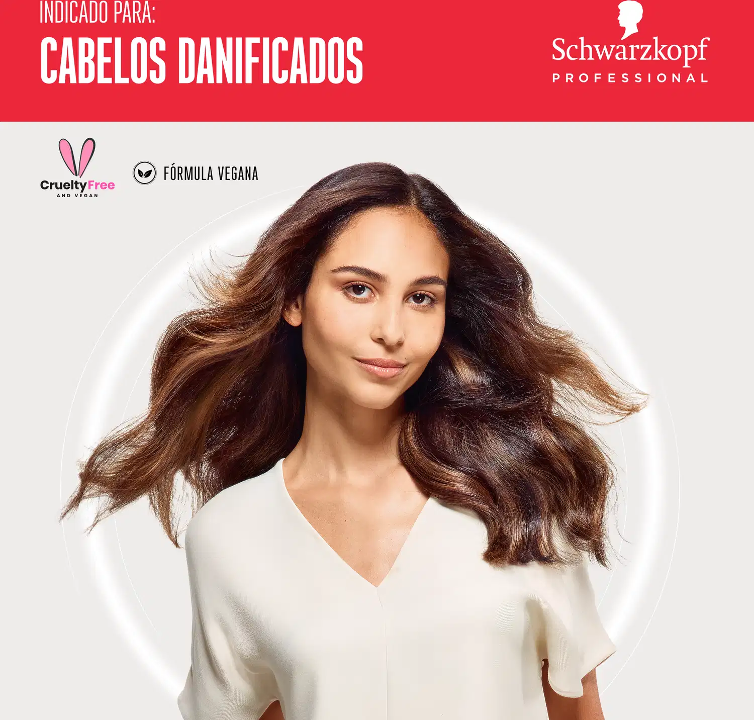 O produto apresentado é uma linha de tratamento capilar para cabelos danificados da marca Schwarzkopf Professional. A imagem mostra uma modelo com longos cabelos castanhos ondulados e brilhantes, promovendo os benefícios do produto.