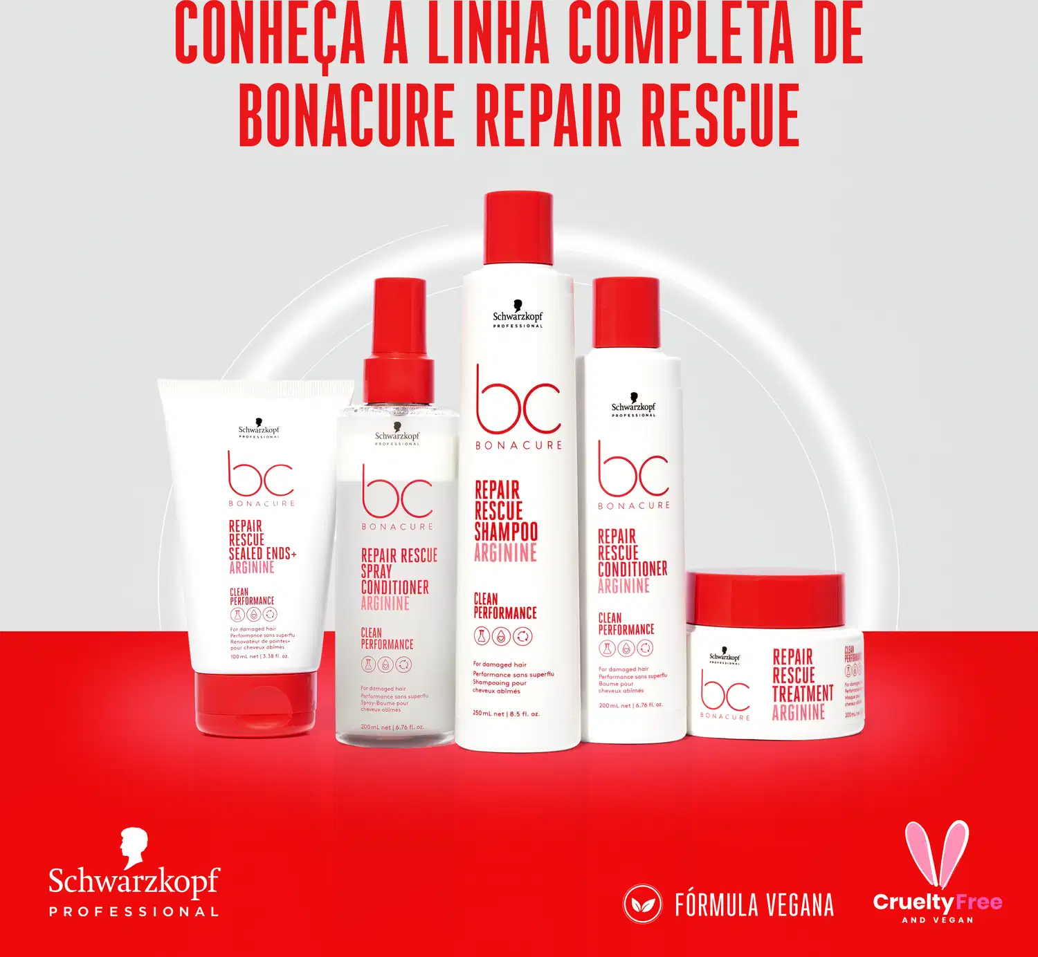 A imagem mostra a linha completa de produtos Bonacure Repair Rescue da marca Schwarzkopf Professional. São apresentados cinco frascos plásticos brancos com detalhes em vermelho, contendo diferentes produtos para tratamento capilar.