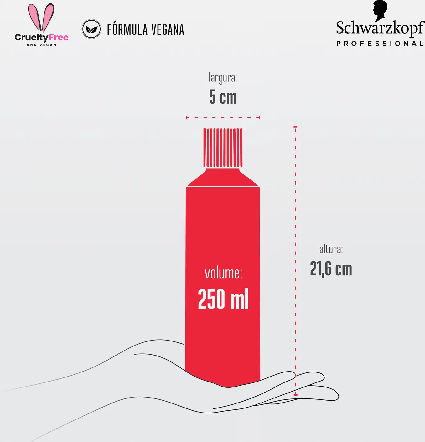 250 ml, com altura de 21,6 cm e largura de 5 cm. A embalagem é sustentada por uma mão estilizada em linhas pretas.