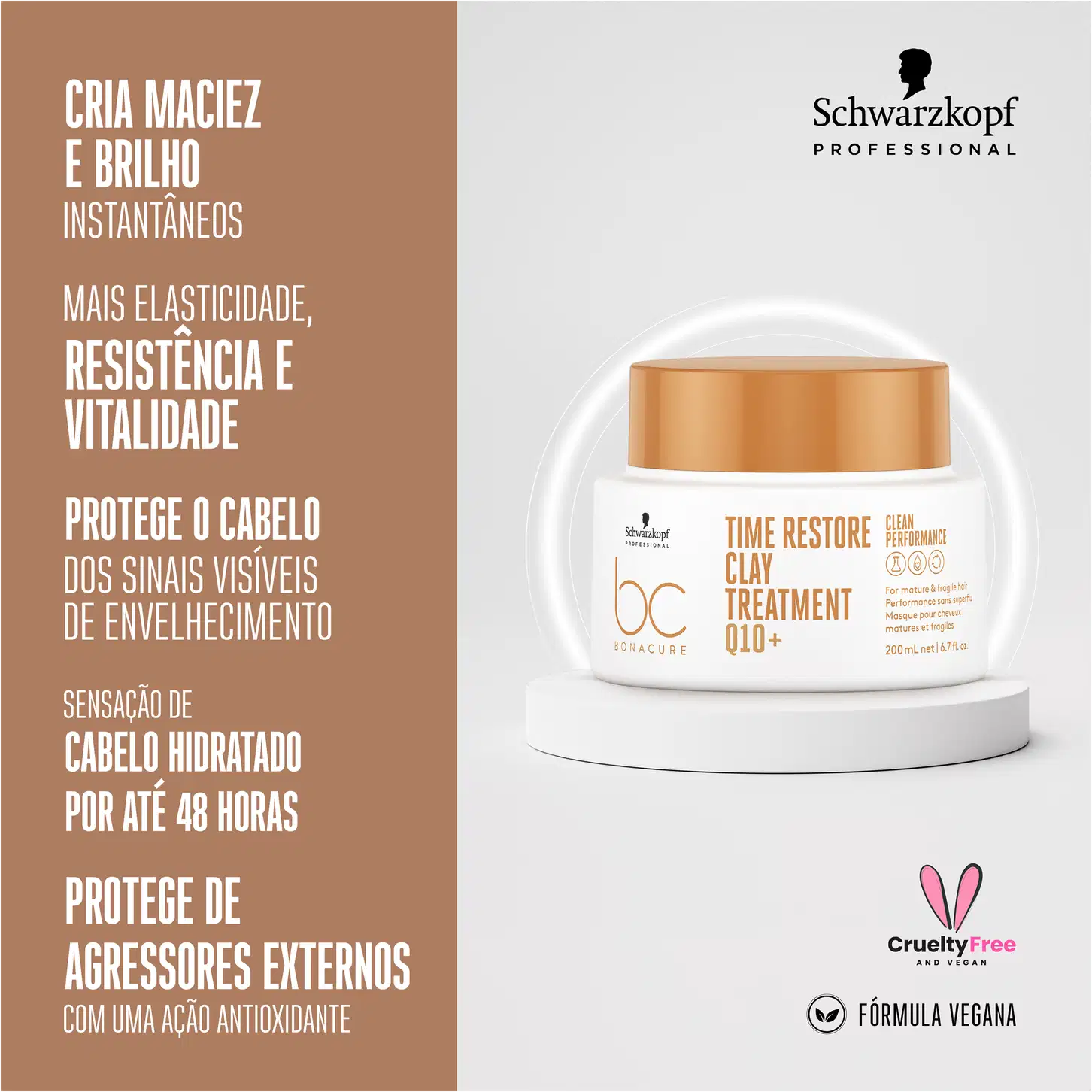 A imagem traz de um lado a embalagem da máscara e do outro mais benefícios do produto.