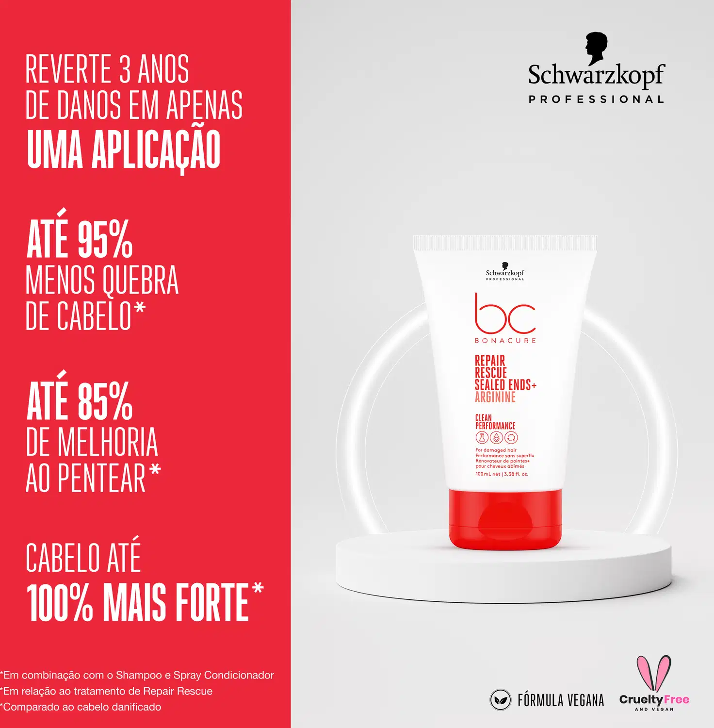 Imagem acompanhada de texto promocional em português destacando os benefícios do produto para reparar danos, reduzir quebra e melhorar o pentear, fortalecendo 100% os fios.