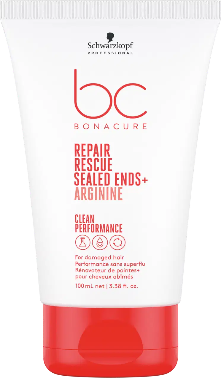 Embalagem em tubo plástico branco e vermelho. Rótulo com o nome do produto "Repair Rescue Sealed Ends + Arginine" em letras vermelhas e pretas.