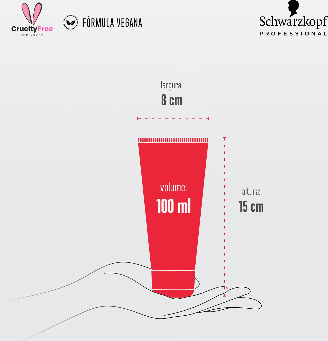Embalagem tubular vermelha com volume de 100 ml e largura de 8 cm indicados. Altura de 15 cm. Ilustração de uma mão segurando o tubo.